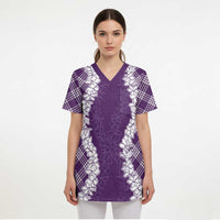 Hawaii Aloha Plumeria Lei Violet Palaka Scrub Top LT7 - Polynesian Pride