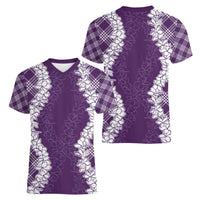 Hawaii Aloha Plumeria Lei Violet Palaka Women V-Neck T-Shirt LT7 - Polynesian Pride