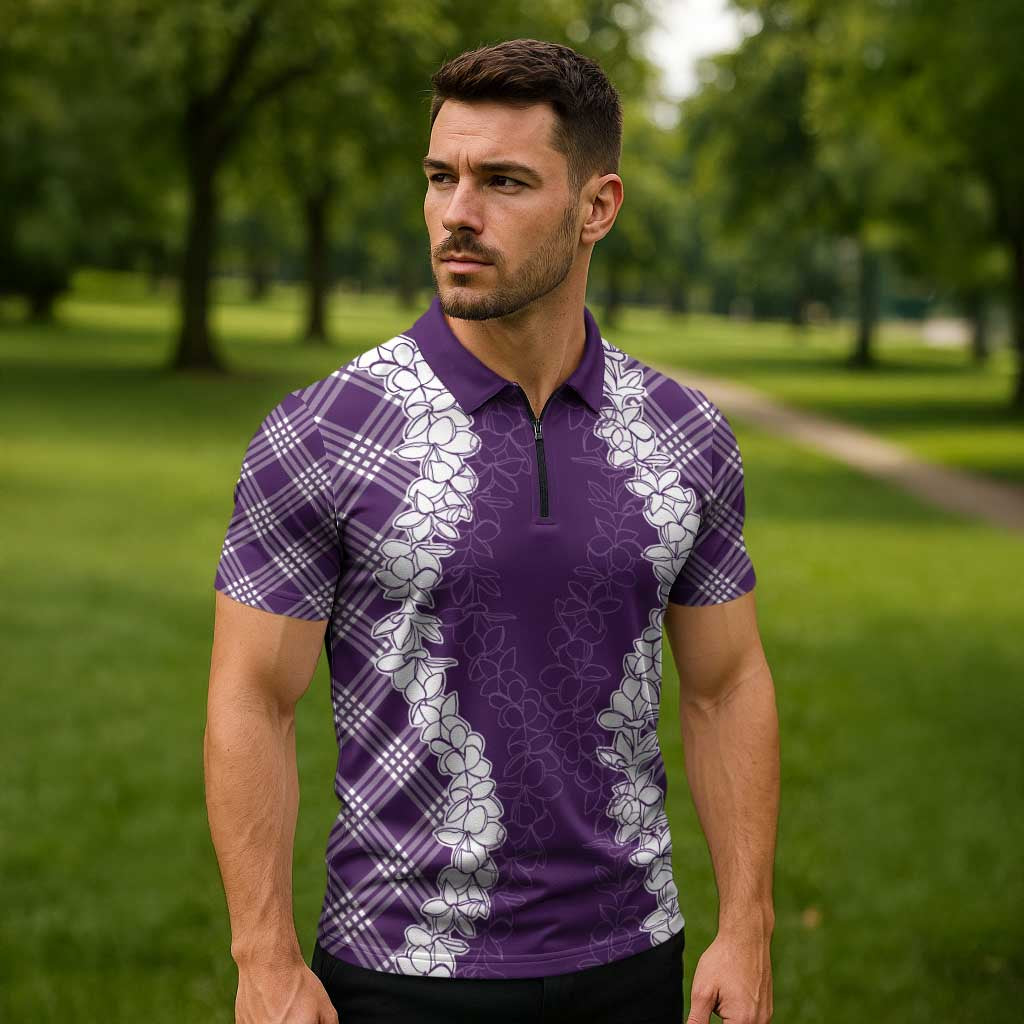 Hawaii Aloha Plumeria Lei Violet Palaka Zipper Polo Shirt LT7 - Polynesian Pride