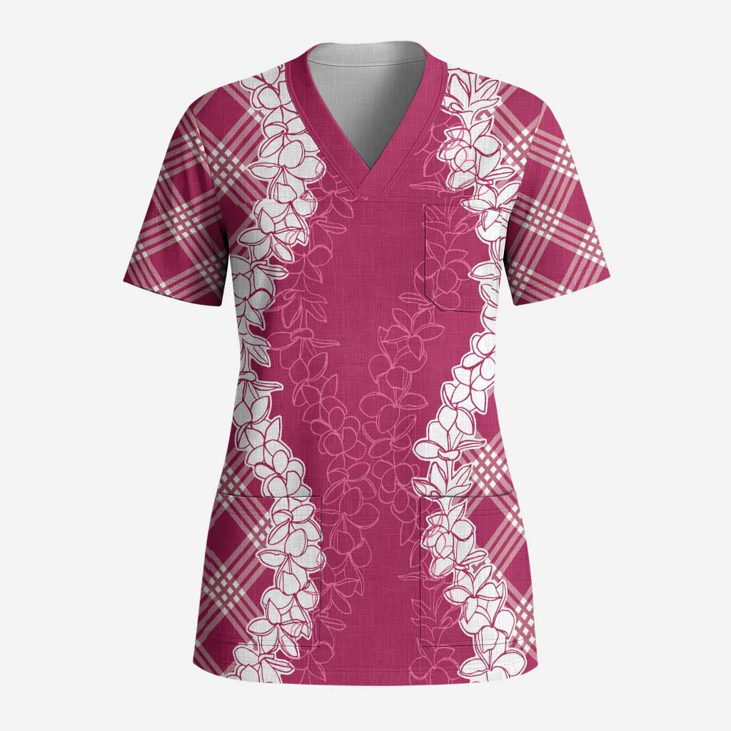 Hawaii Aloha Plumeria Lei Fuschia Palaka Scrub Top LT7 Adult Fuschia - Polynesian Pride