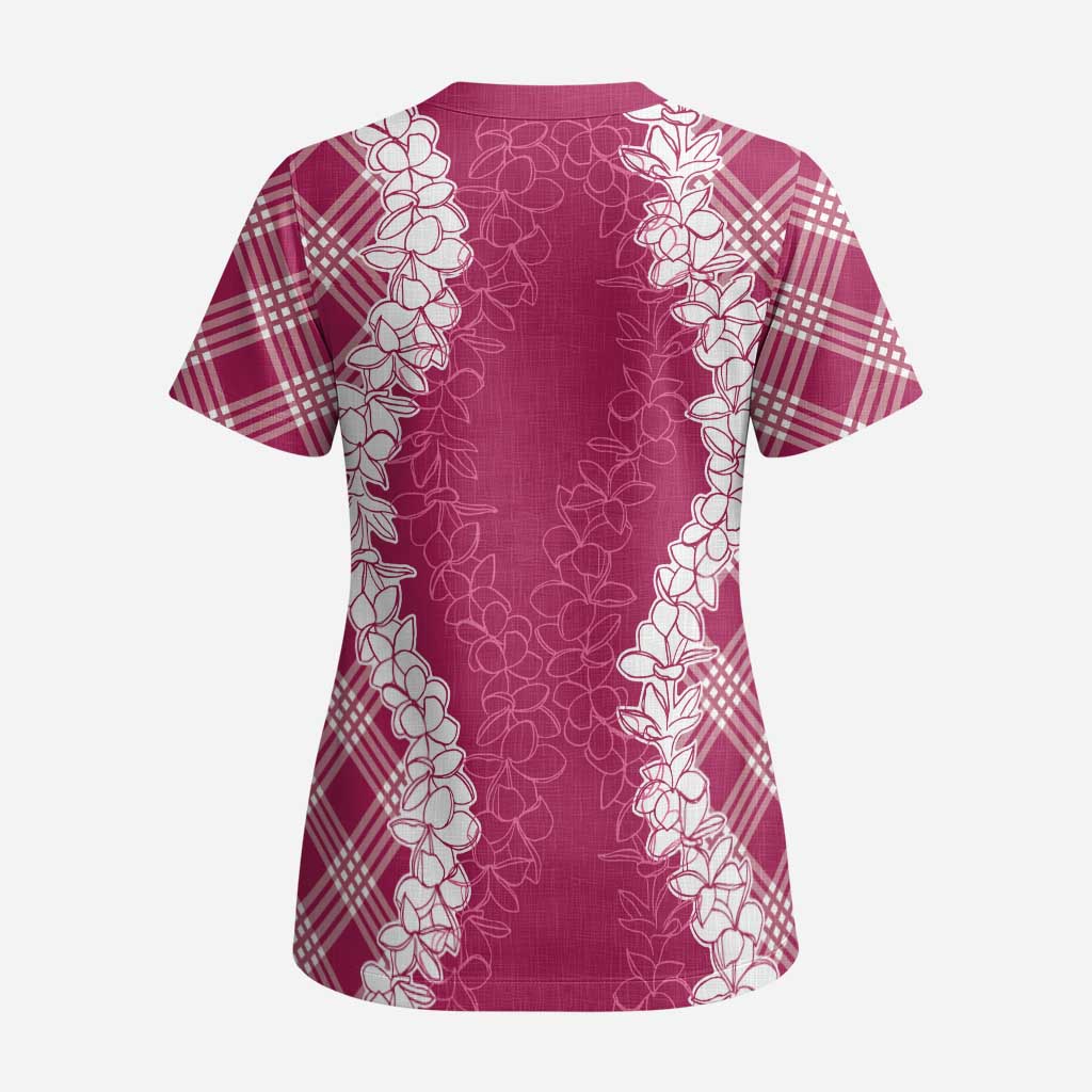 Hawaii Aloha Plumeria Lei Fuschia Palaka Scrub Top LT7 - Polynesian Pride