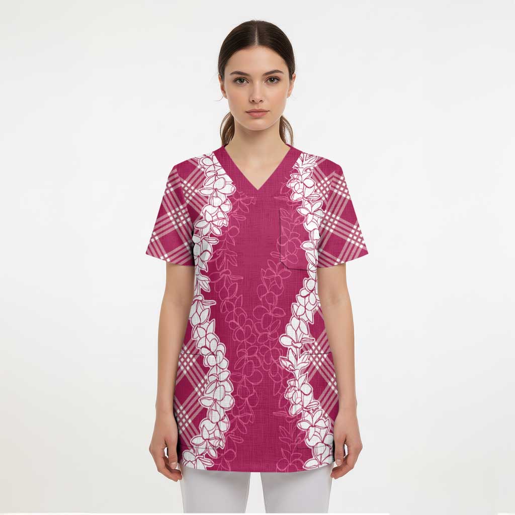 Hawaii Aloha Plumeria Lei Fuschia Palaka Scrub Top LT7 - Polynesian Pride
