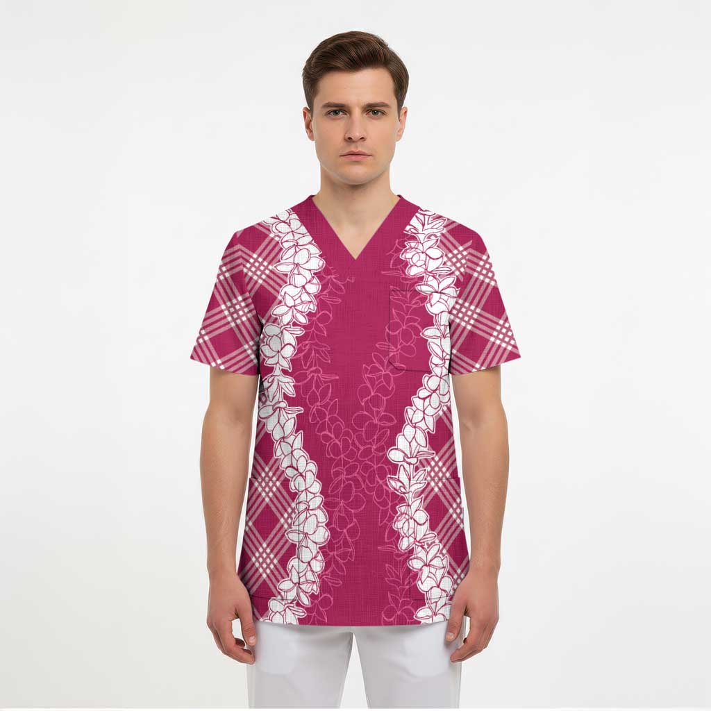 Hawaii Aloha Plumeria Lei Fuschia Palaka Scrub Top LT7 - Polynesian Pride
