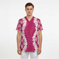 Hawaii Aloha Plumeria Lei Fuschia Palaka Scrub Top LT7 - Polynesian Pride