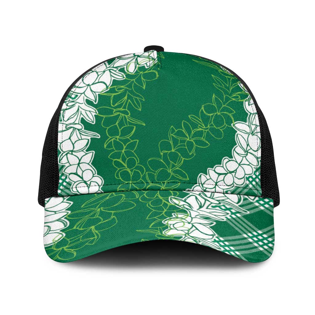 Hawaii Aloha Plumeria Lei Green Palaka Baseball Net Cap LT7 One Size Black Green - Polynesian Pride