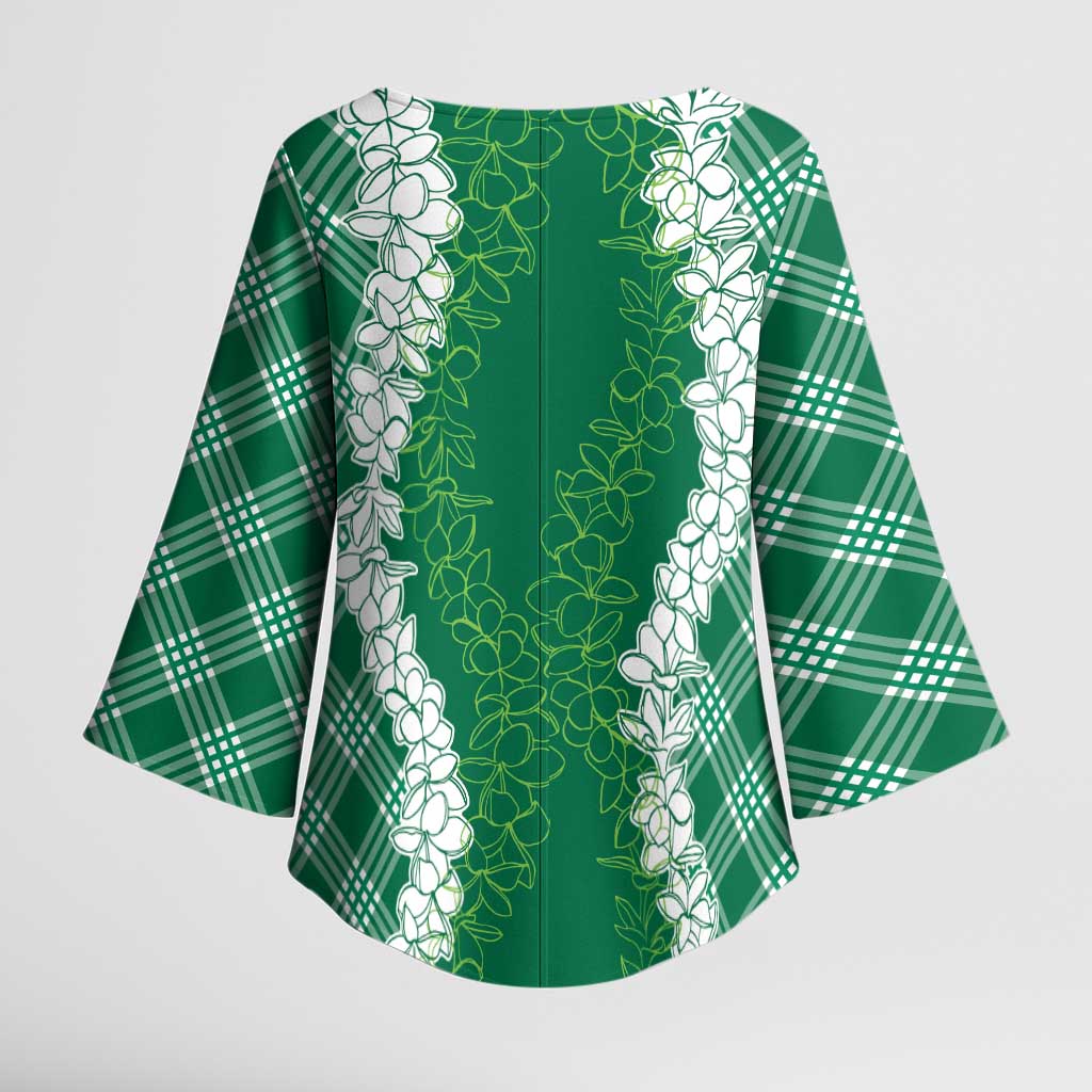 Hawaii Aloha Plumeria Lei Green Palaka Kimono Sleeve Blouse LT7 - Polynesian Pride