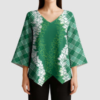 Hawaii Aloha Plumeria Lei Green Palaka Kimono Sleeve Blouse LT7 - Polynesian Pride