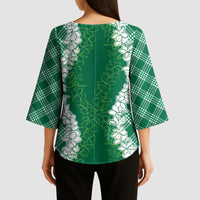 Hawaii Aloha Plumeria Lei Green Palaka Kimono Sleeve Blouse LT7 - Polynesian Pride