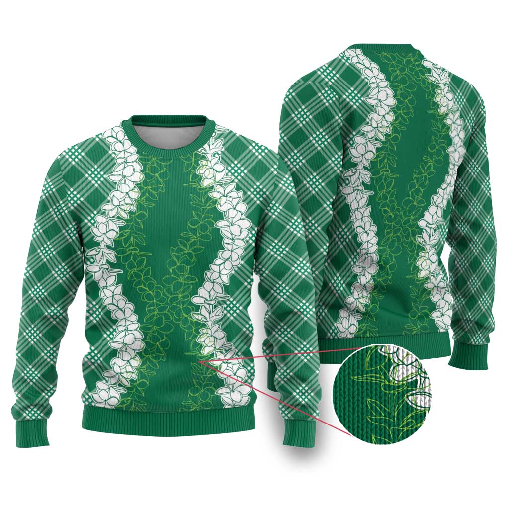 Hawaii Aloha Plumeria Lei Green Palaka Ugly Christmas Sweater LT7 Green - Polynesian Pride