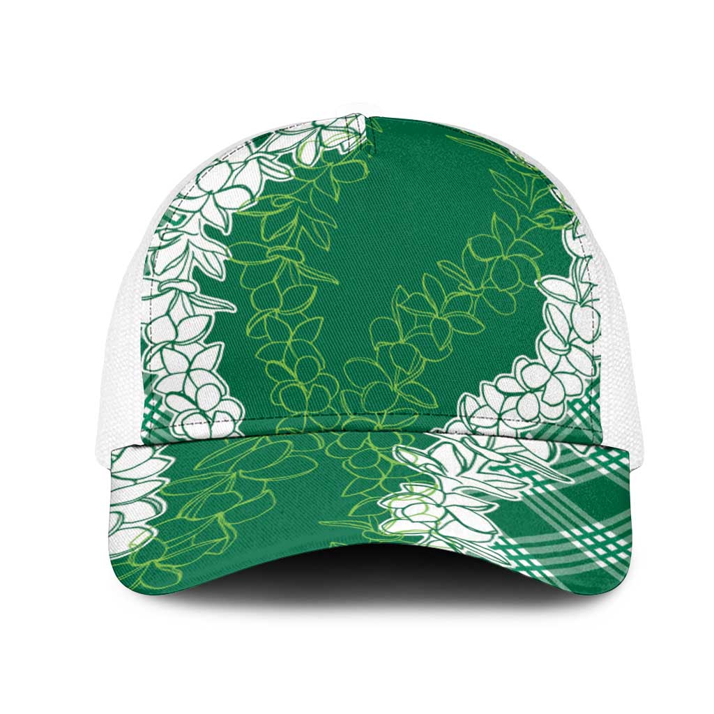 Hawaii Aloha Plumeria Lei Green Palaka Mesh Trucker Cap LT7 One Size White Green - Polynesian Pride
