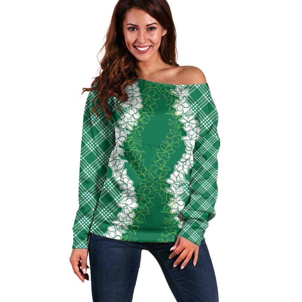 Hawaii Aloha Plumeria Lei Green Palaka Off Shoulder Sweater LT7 Women Green - Polynesian Pride