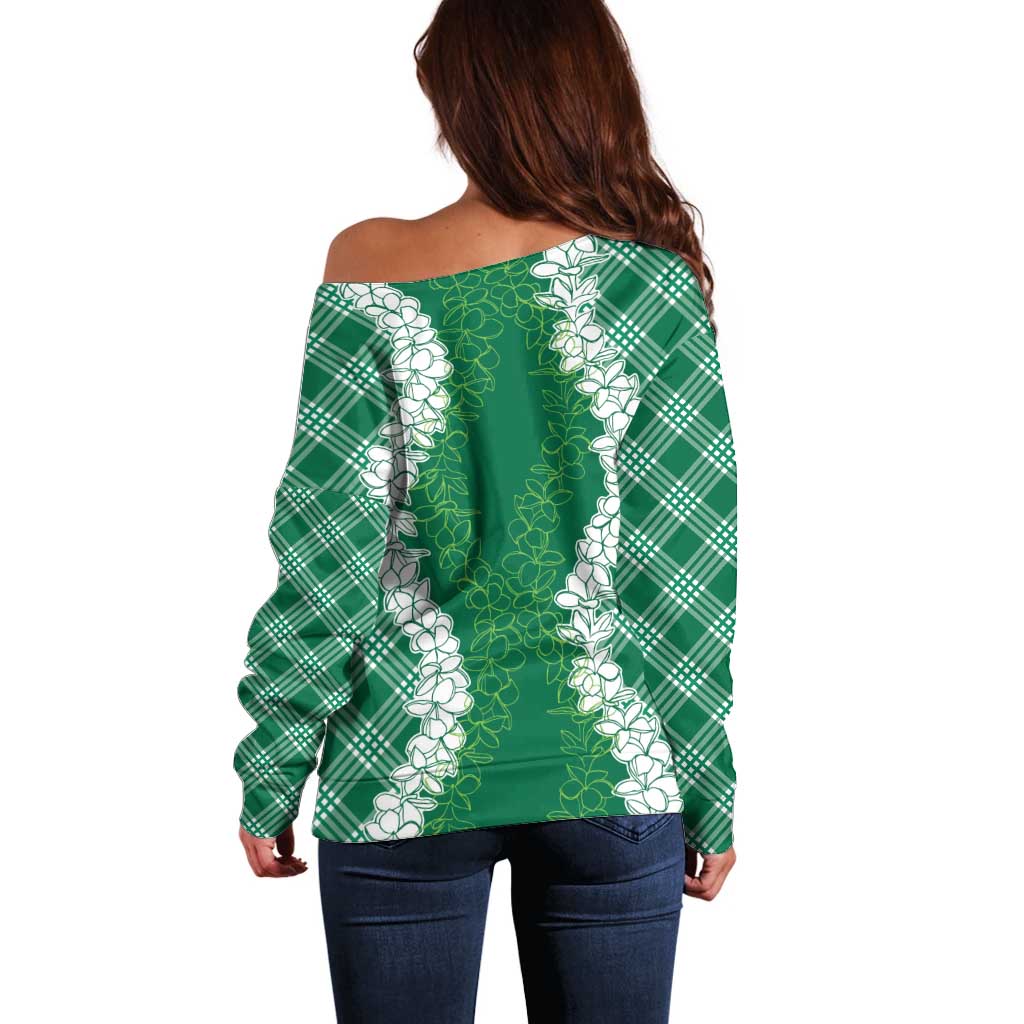Hawaii Aloha Plumeria Lei Green Palaka Off Shoulder Sweater LT7 - Polynesian Pride
