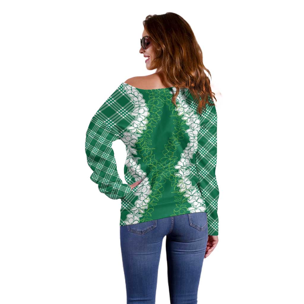 Hawaii Aloha Plumeria Lei Green Palaka Off Shoulder Sweater LT7 - Polynesian Pride