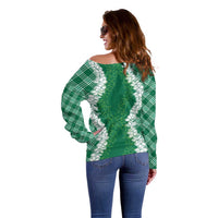 Hawaii Aloha Plumeria Lei Green Palaka Off Shoulder Sweater LT7 - Polynesian Pride