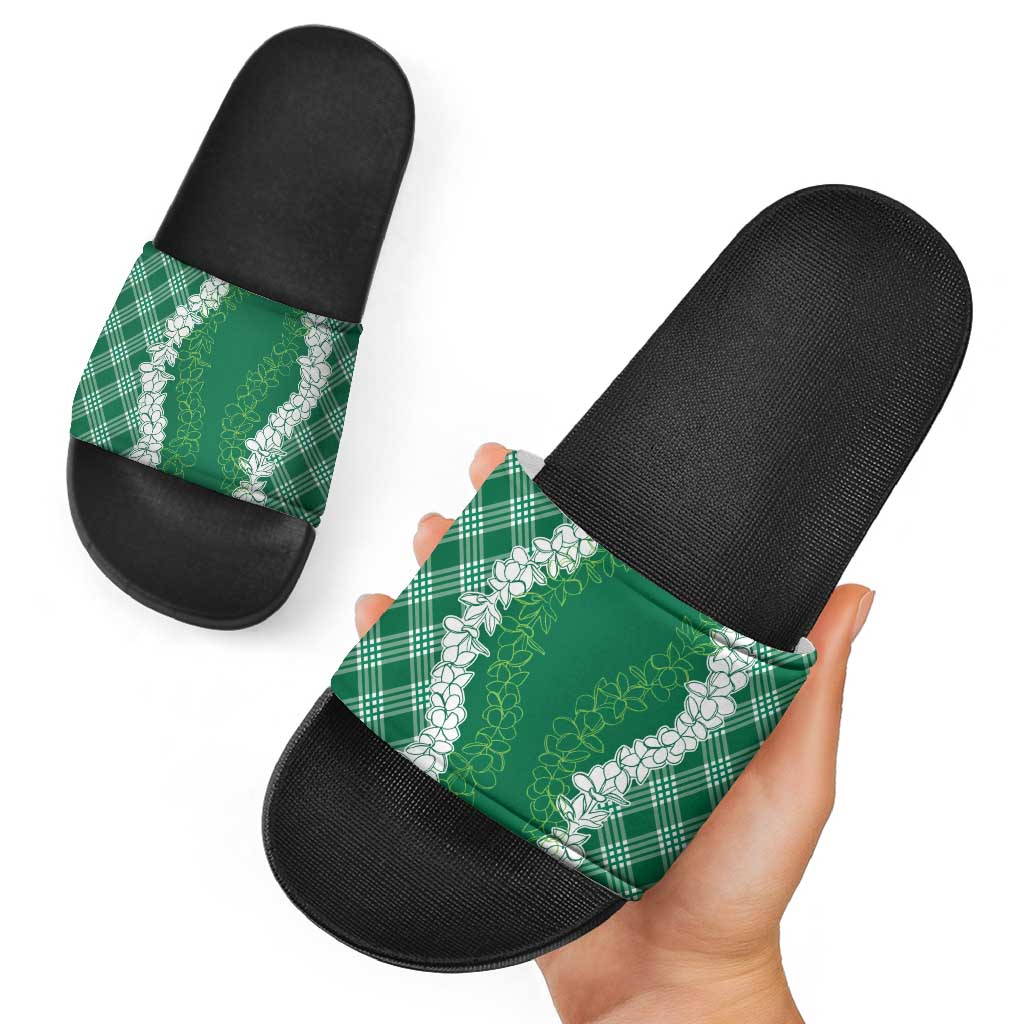 Hawaii Aloha Plumeria Lei Green Palaka Slide Sandals LT7 - Polynesian Pride