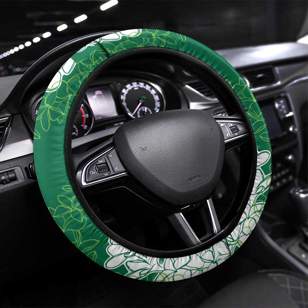 Hawaii Aloha Plumeria Lei Green Palaka Steering Wheel Cover LT7 Universal Fit Green - Polynesian Pride