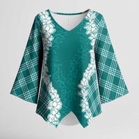 Hawaii Aloha Plumeria Lei Teal Palaka Kimono Sleeve Blouse LT7 Female Teal - Polynesian Pride