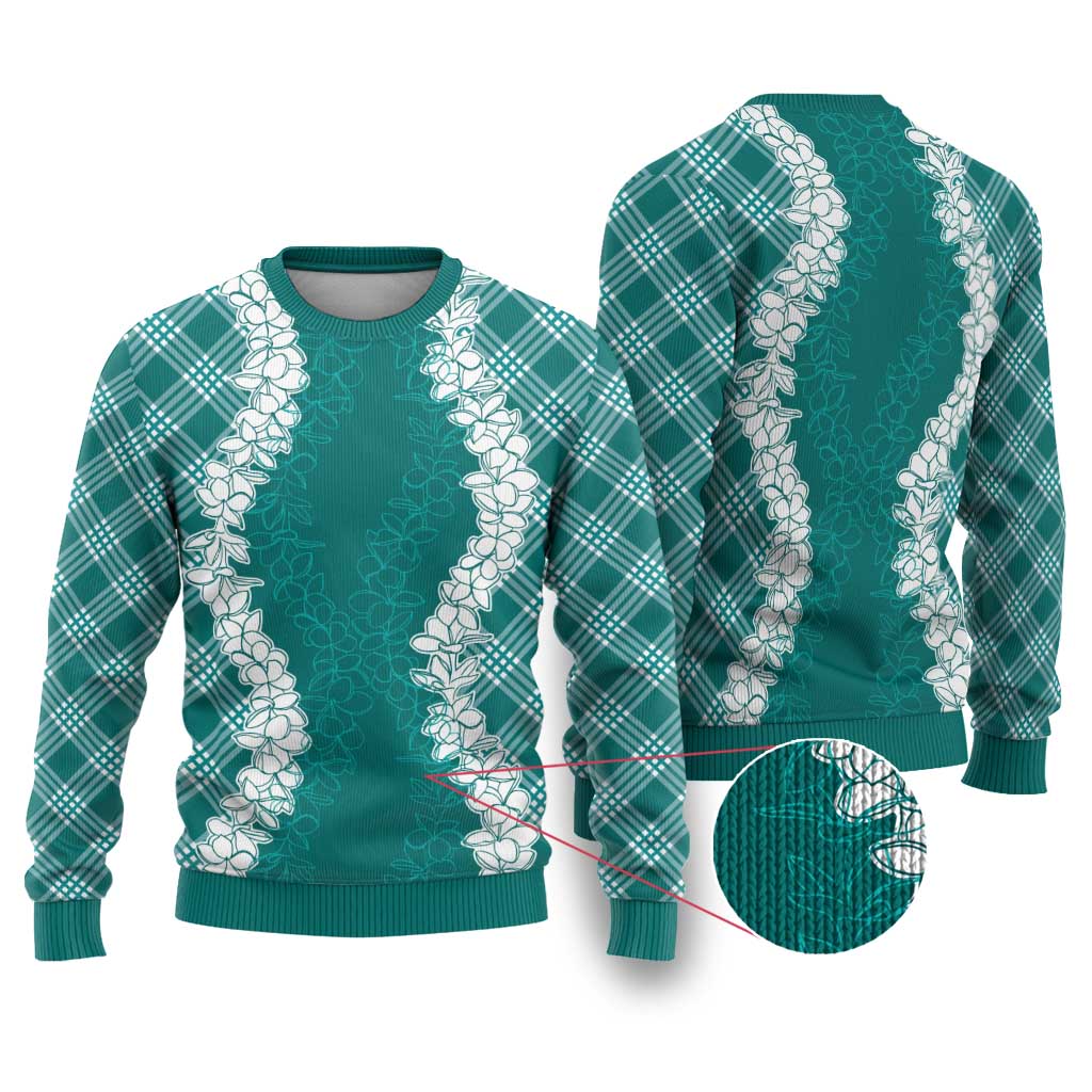 Hawaii Aloha Plumeria Lei Teal Palaka Ugly Christmas Sweater LT7 Teal - Polynesian Pride