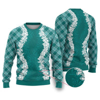 Hawaii Aloha Plumeria Lei Teal Palaka Ugly Christmas Sweater LT7 Teal - Polynesian Pride