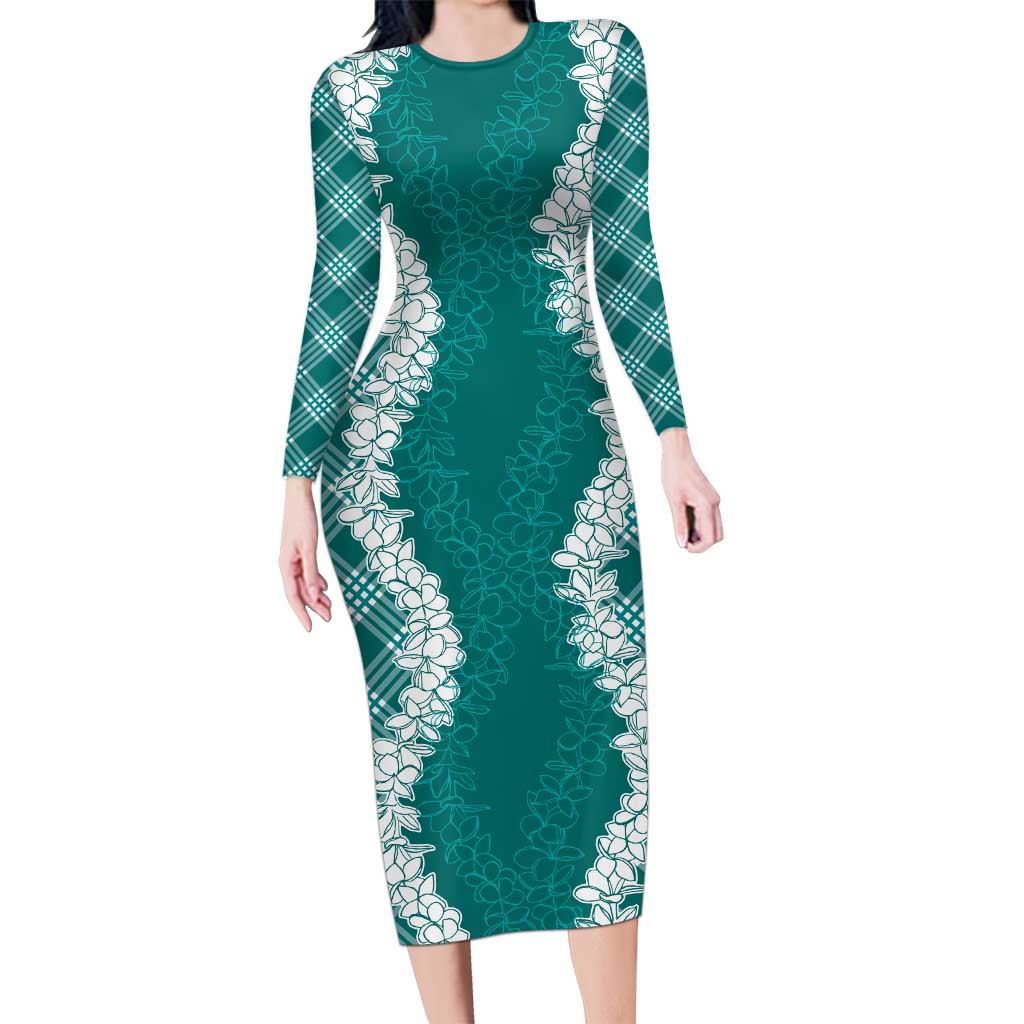 Hawaii Aloha Plumeria Lei Teal Palaka Long Sleeve Bodycon Dress LT7 Long Dress Teal - Polynesian Pride