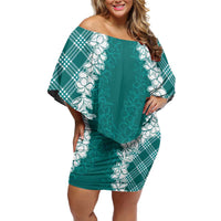 Hawaii Aloha Plumeria Lei Teal Palaka Off Shoulder Short Dress LT7 Women Teal - Polynesian Pride