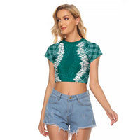 Hawaii Aloha Plumeria Lei Teal Palaka Raglan Cropped T Shirt LT7 Female Teal - Polynesian Pride