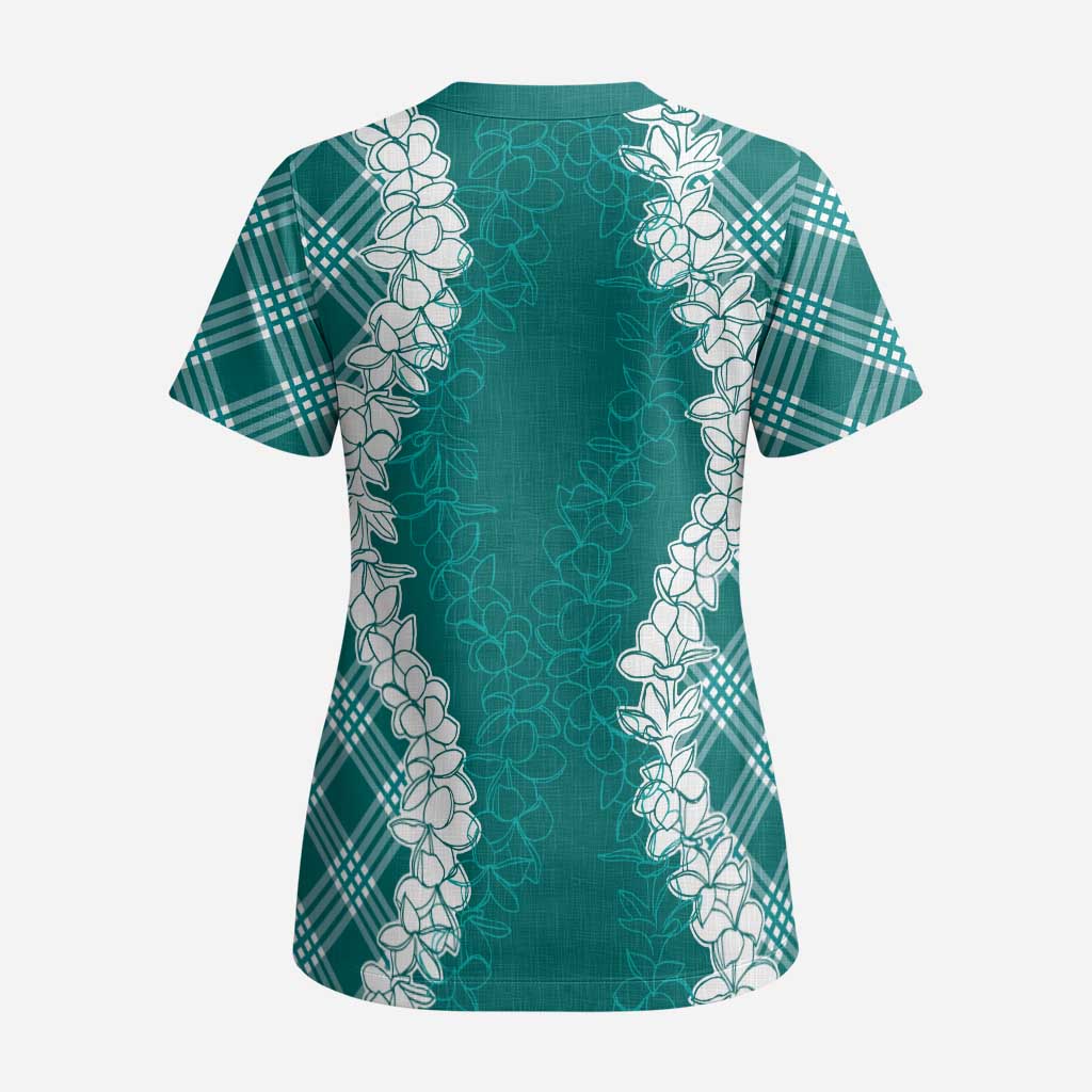 Hawaii Aloha Plumeria Lei Teal Palaka Scrub Top LT7 - Polynesian Pride