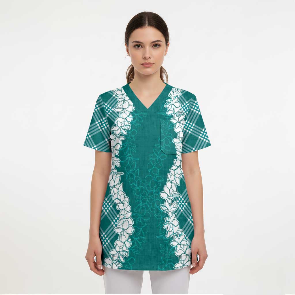 Hawaii Aloha Plumeria Lei Teal Palaka Scrub Top LT7 - Polynesian Pride