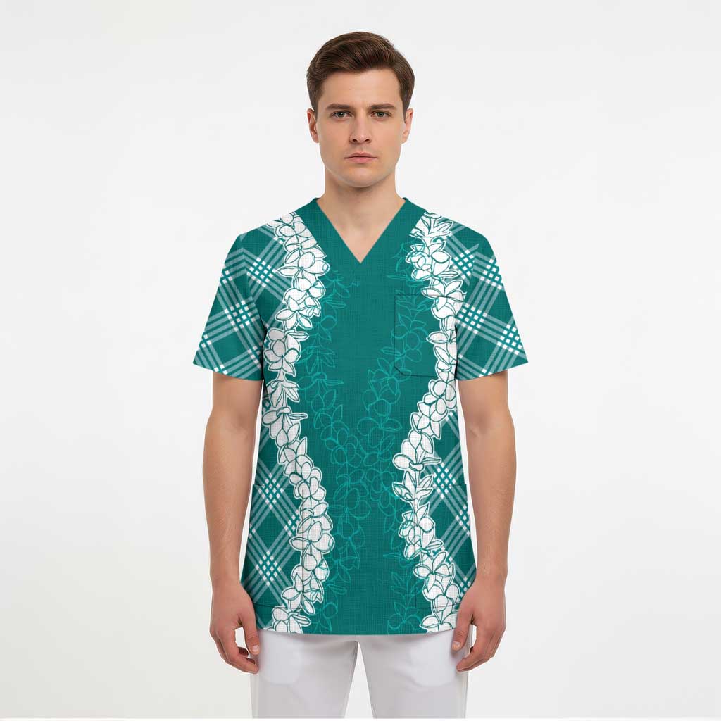 Hawaii Aloha Plumeria Lei Teal Palaka Scrub Top LT7 - Polynesian Pride