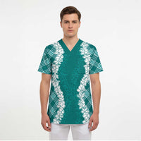 Hawaii Aloha Plumeria Lei Teal Palaka Scrub Top LT7 - Polynesian Pride