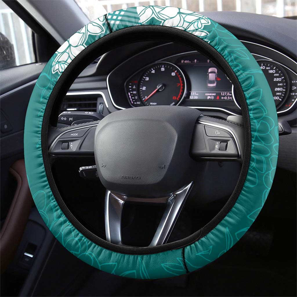 Hawaii Aloha Plumeria Lei Teal Palaka Steering Wheel Cover LT7 - Polynesian Pride