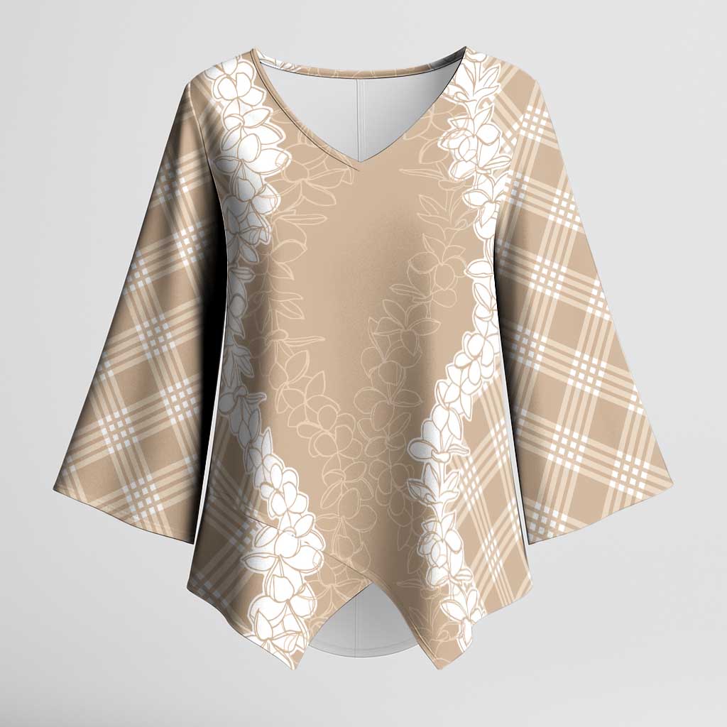 Hawaii Aloha Plumeria Lei Beige Palaka Kimono Sleeve Blouse LT7 Female Beige - Polynesian Pride