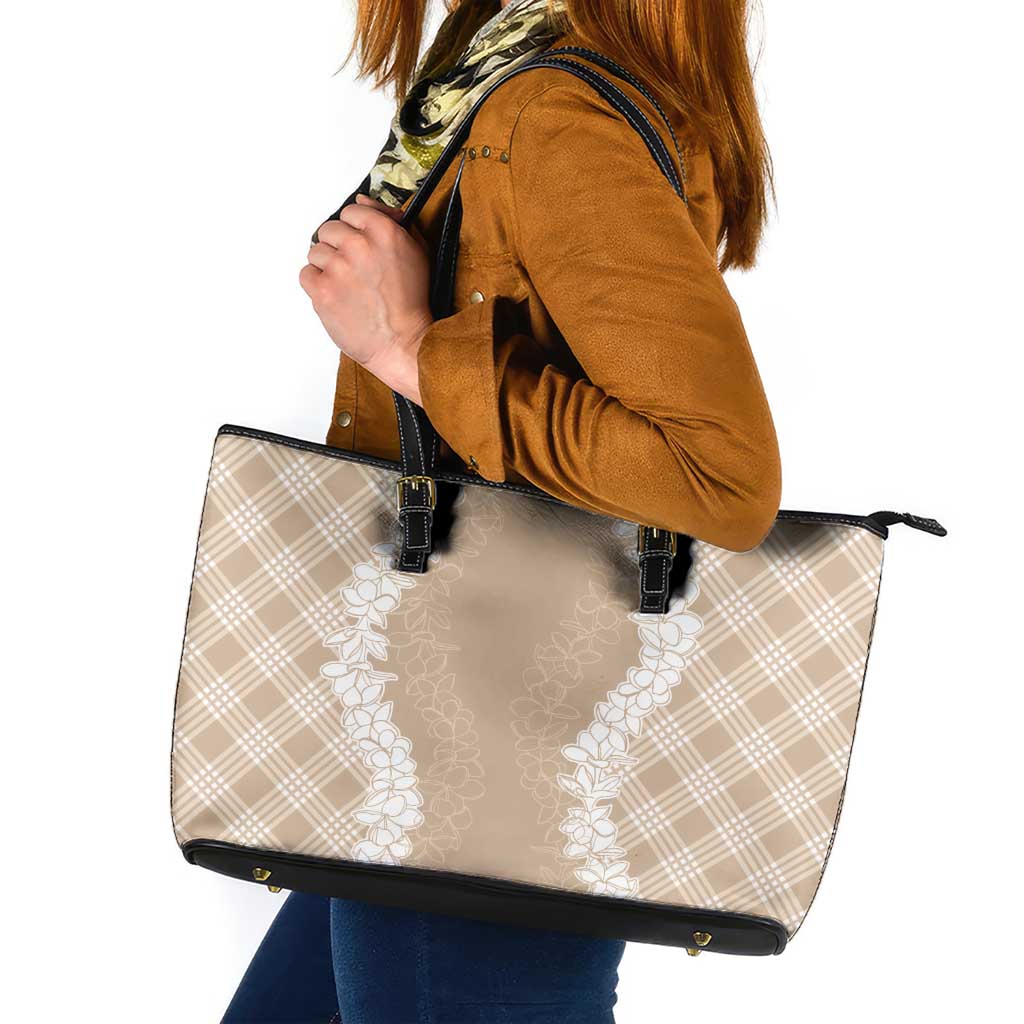 Hawaii Aloha Plumeria Lei Beige Palaka Leather Tote Bag LT7 Beige - Polynesian Pride