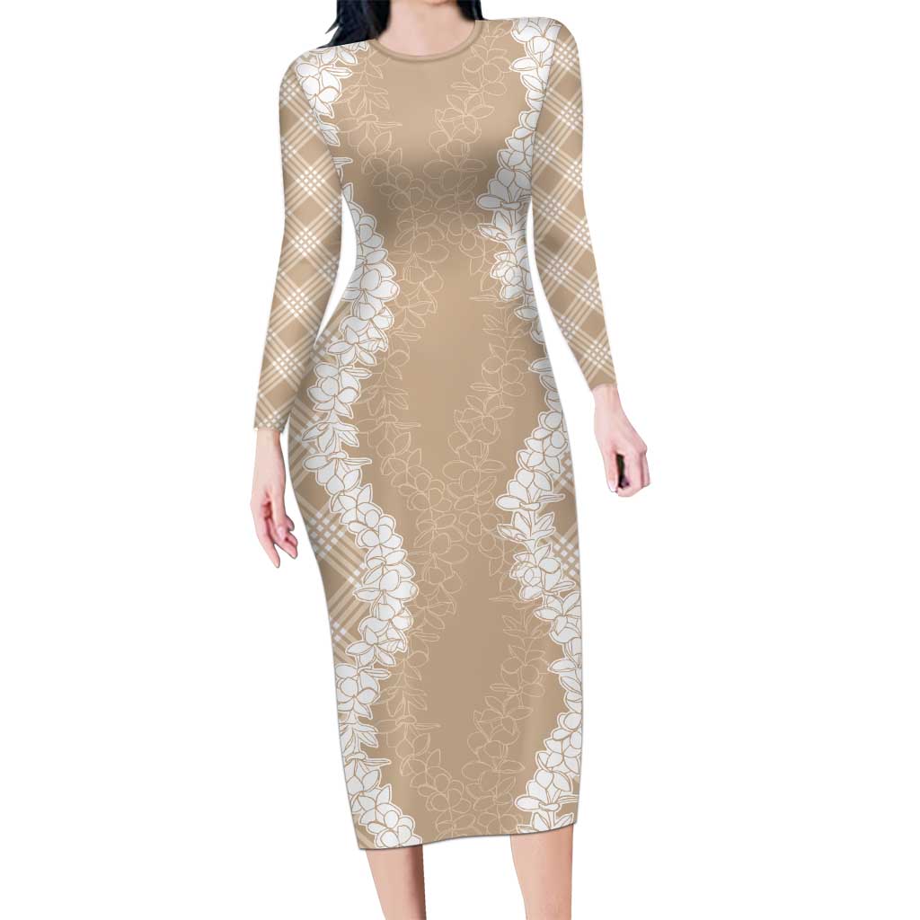 Hawaii Aloha Plumeria Lei Beige Palaka Long Sleeve Bodycon Dress LT7 Long Dress Beige - Polynesian Pride