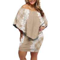Hawaii Aloha Plumeria Lei Beige Palaka Off Shoulder Short Dress LT7 Women Beige - Polynesian Pride