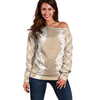 Hawaii Aloha Plumeria Lei Beige Palaka Off Shoulder Sweater LT7 Women Beige - Polynesian Pride