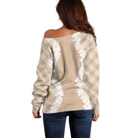Hawaii Aloha Plumeria Lei Beige Palaka Off Shoulder Sweater LT7 - Polynesian Pride