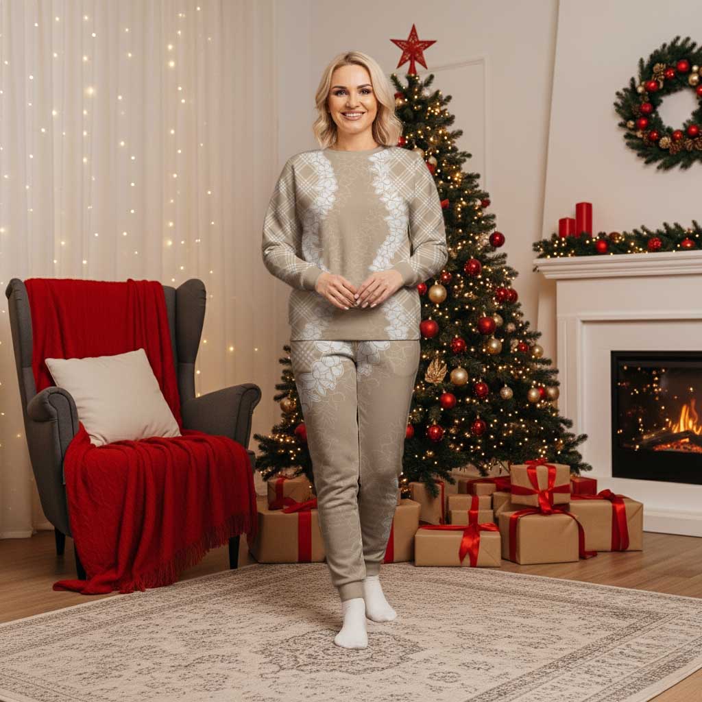 Hawaii Aloha Plumeria Lei Beige Palaka Christmas Pajama Set LT7 Women Beige - Polynesian Pride