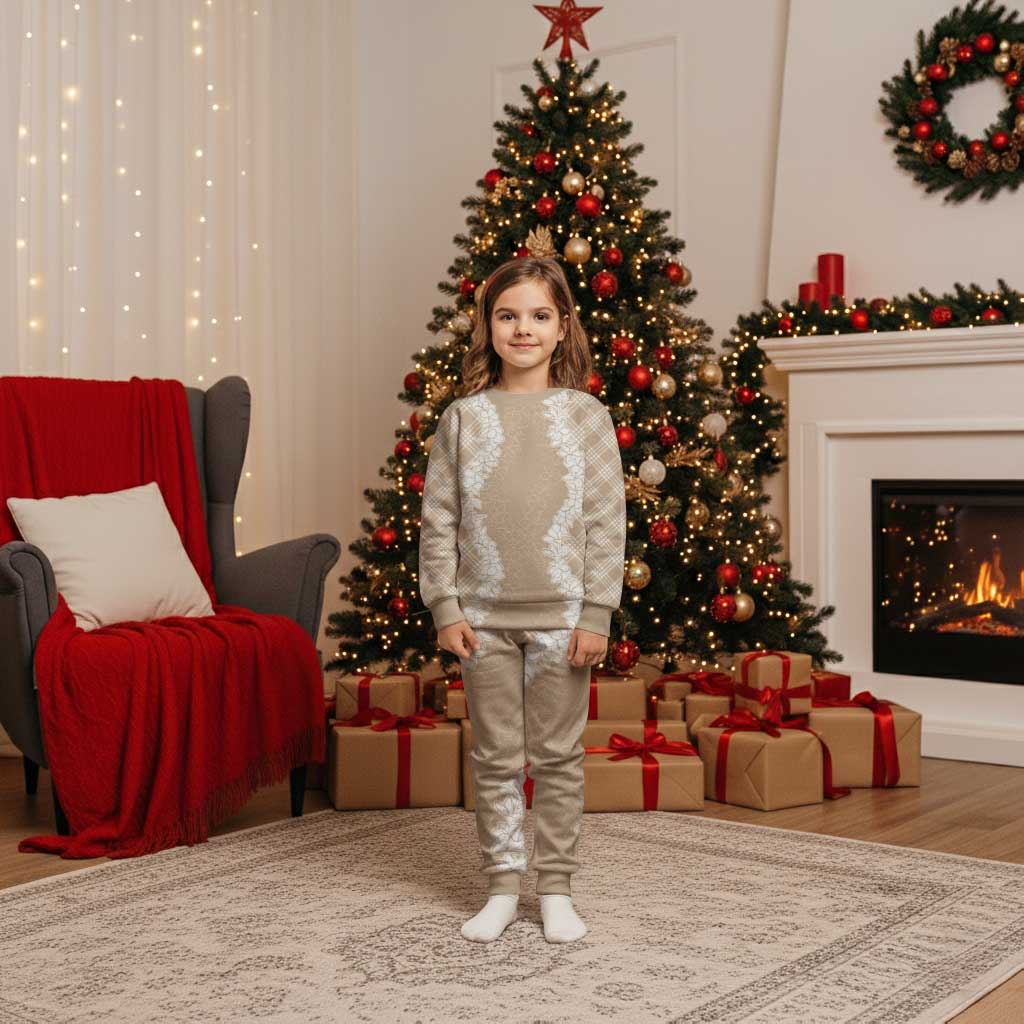 Hawaii Aloha Plumeria Lei Beige Palaka Christmas Pajama Set LT7 Kid Beige - Polynesian Pride