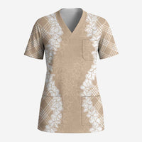 Hawaii Aloha Plumeria Lei Beige Palaka Scrub Top LT7 Adult Beige - Polynesian Pride