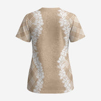 Hawaii Aloha Plumeria Lei Beige Palaka Scrub Top LT7 - Polynesian Pride