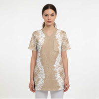 Hawaii Aloha Plumeria Lei Beige Palaka Scrub Top LT7 - Polynesian Pride