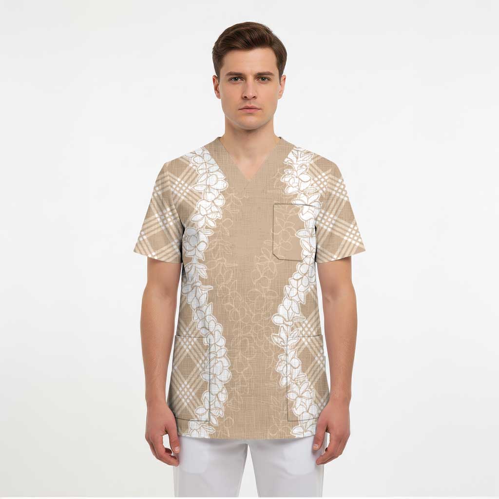 Hawaii Aloha Plumeria Lei Beige Palaka Scrub Top LT7 - Polynesian Pride
