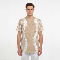 Hawaii Aloha Plumeria Lei Beige Palaka Scrub Top LT7 - Polynesian Pride