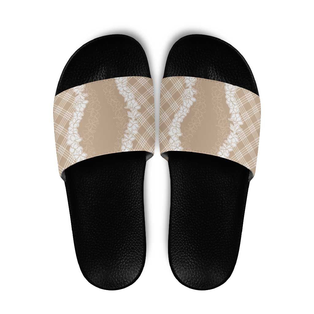 Hawaii Aloha Plumeria Lei Beige Palaka Slide Sandals LT7 Beige - Polynesian Pride