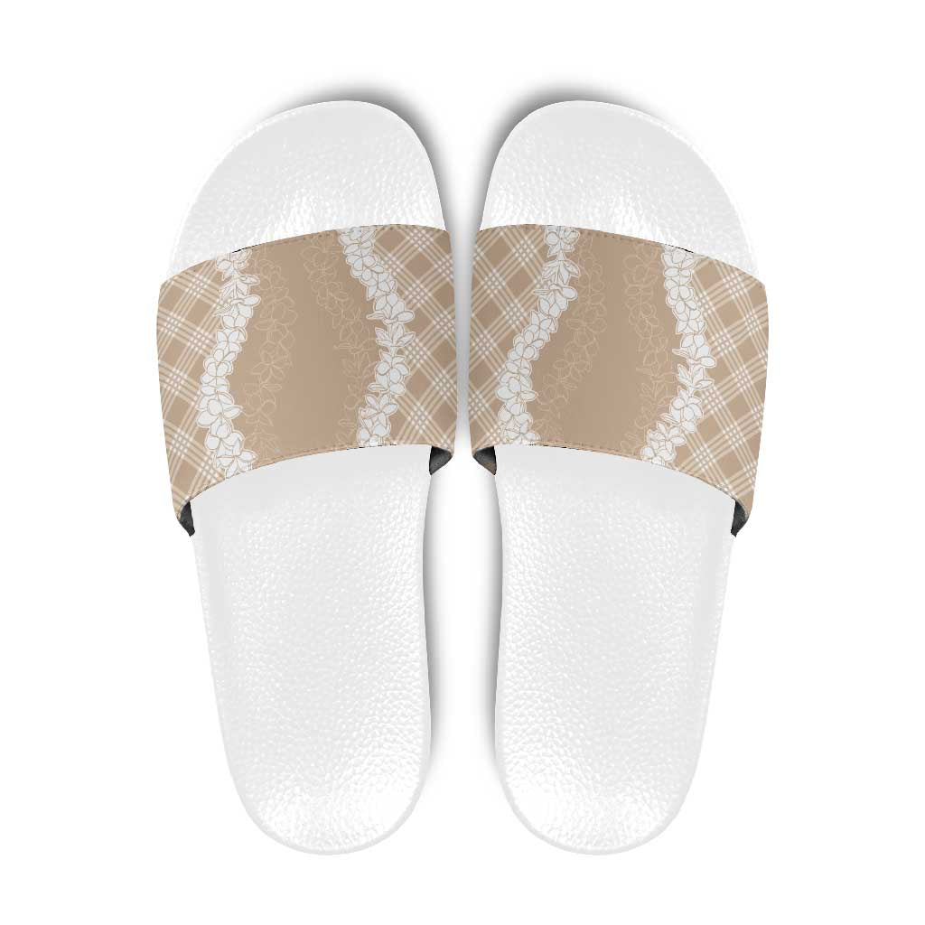 Hawaii Aloha Plumeria Lei Beige Palaka Slide Sandals LT7 Beige - Polynesian Pride