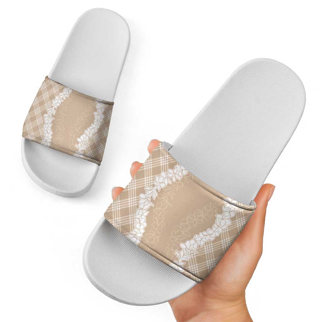 Hawaii Aloha Plumeria Lei Beige Palaka Slide Sandals LT7 - Polynesian Pride