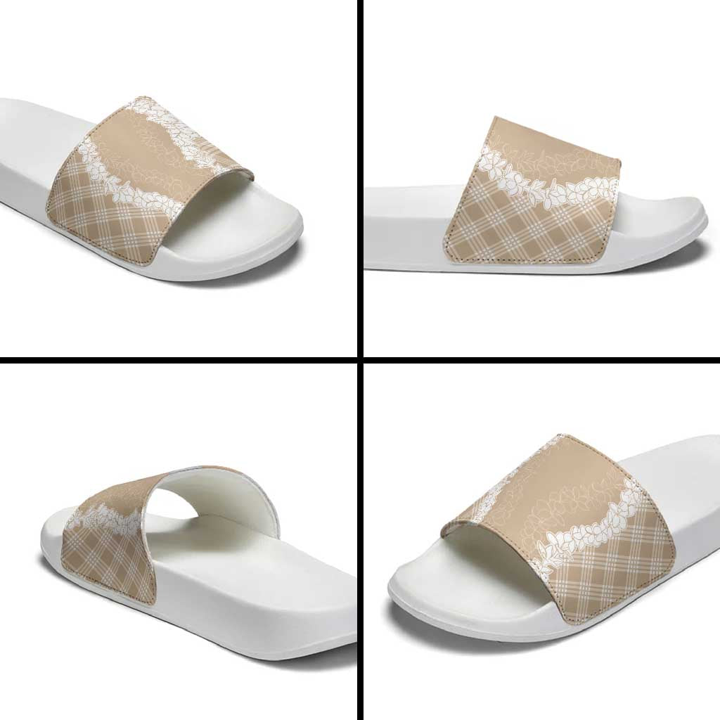 Hawaii Aloha Plumeria Lei Beige Palaka Slide Sandals LT7 - Polynesian Pride