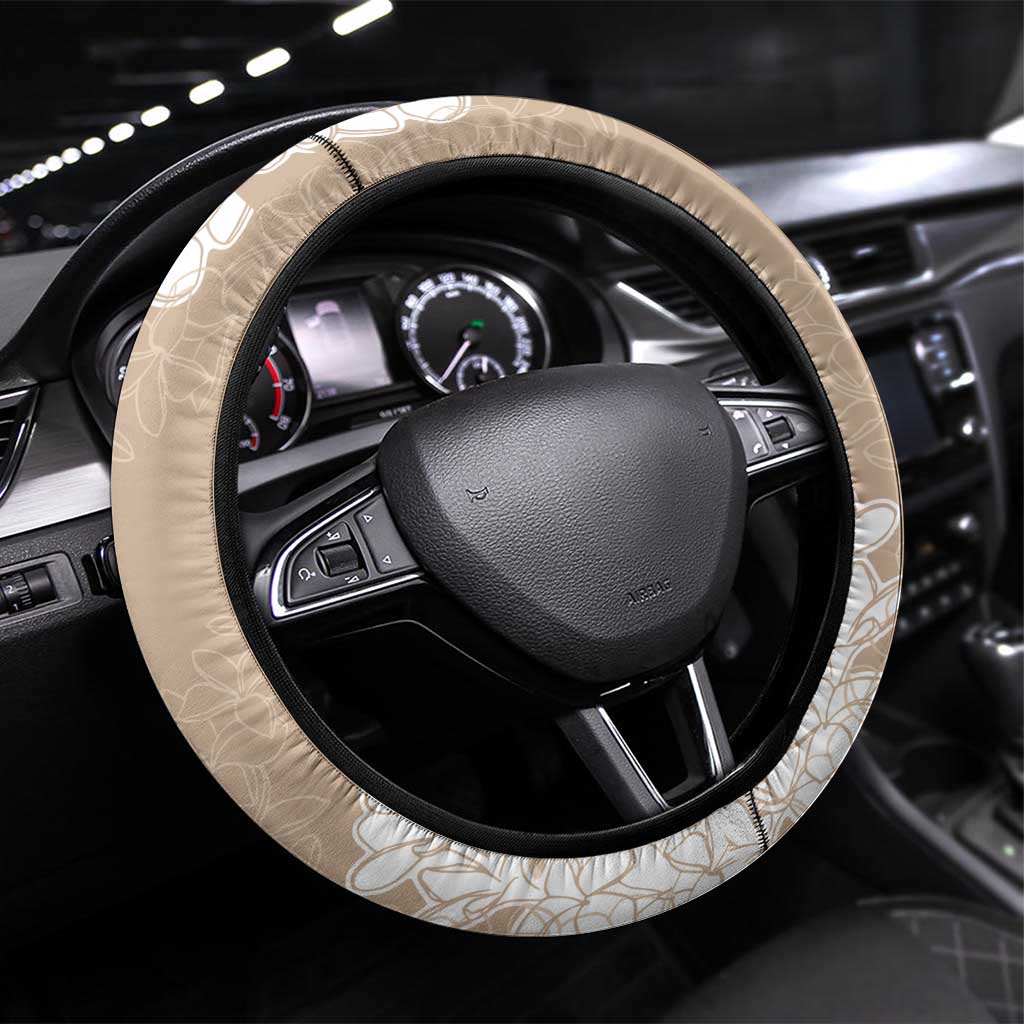 Hawaii Aloha Plumeria Lei Beige Palaka Steering Wheel Cover LT7 Universal Fit Beige - Polynesian Pride