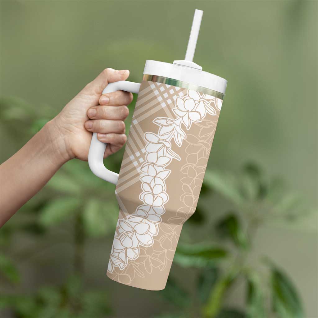 Hawaii Aloha Plumeria Lei Beige Palaka Tumbler With Handle LT7 - Polynesian Pride